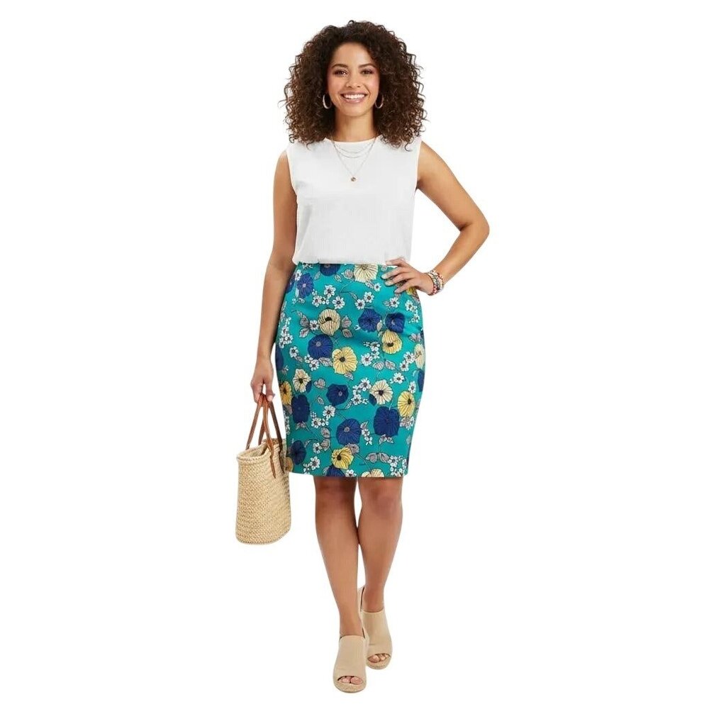 New York Clothing Co. Women's Blue Yellow Floral Pencil Skirt Size XL
